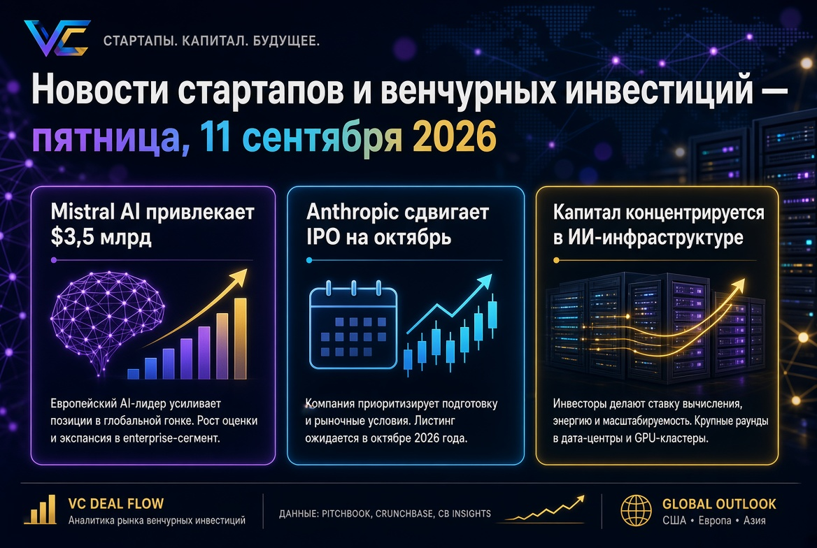 Tin tức về các dự án khởi nghiệp và đầu tư mạo hiểm — thứ Sáu, 11 tháng 9 năm 2026: Mistral AI thu hút 3,5 tỷ USD, Anthropic hoãn IPO sang tháng 10, và vốn tập trung vào cơ sở hạ tầng AI