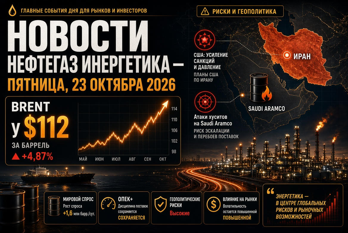 Tin tức về dầu khí và năng lượng — thứ Sáu, ngày 23 tháng 10 năm 2026: Brent ở mức 112 USD trong bối cảnh kế hoạch của Hoa Kỳ về Iran và các cuộc tấn công của Houthi vào Saudi Aramco