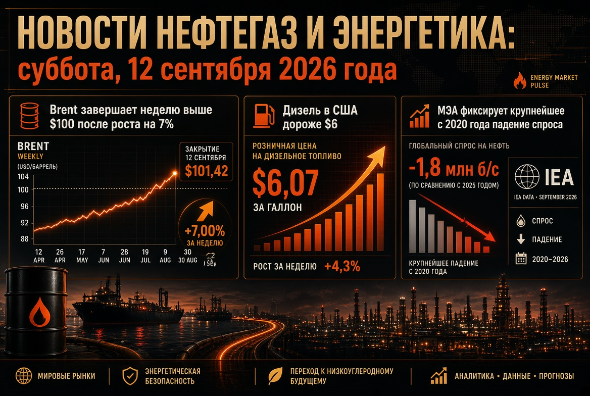 Tin tức dầu khí và năng lượng: thứ Bảy, 12 tháng 9 năm 2026 - Brent kết thúc tuần với giá trên 100 đô la sau mức tăng 7%, diesel tại Mỹ đắt hơn 6 đô la, IEA ghi nhận sự sụt giảm lớn nhất từ năm 2020 về nhu cầu.