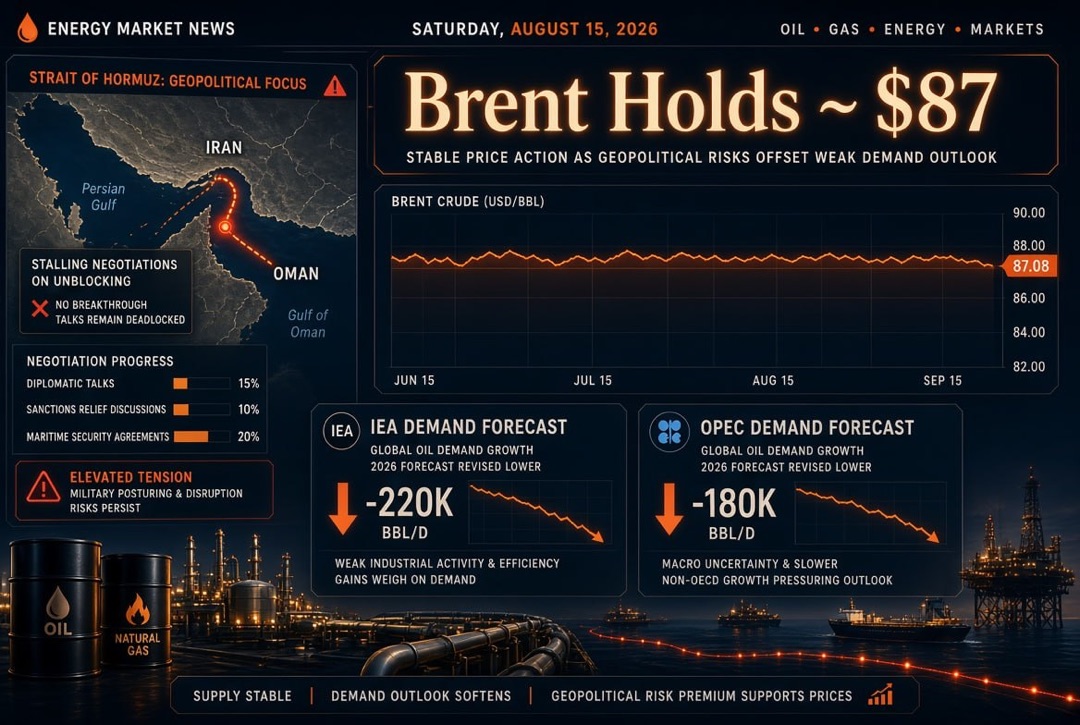 Tin tức dầu khí và năng lượng — thứ Bảy, 15 tháng 8 năm 2026: Brent giữ ở mức 87 đô la trong bối cảnh các cuộc đàm phán về việc mở khóa Eo biển Hormuz bị đình trệ; IEA và OPEC hạ dự báo nhu cầu
