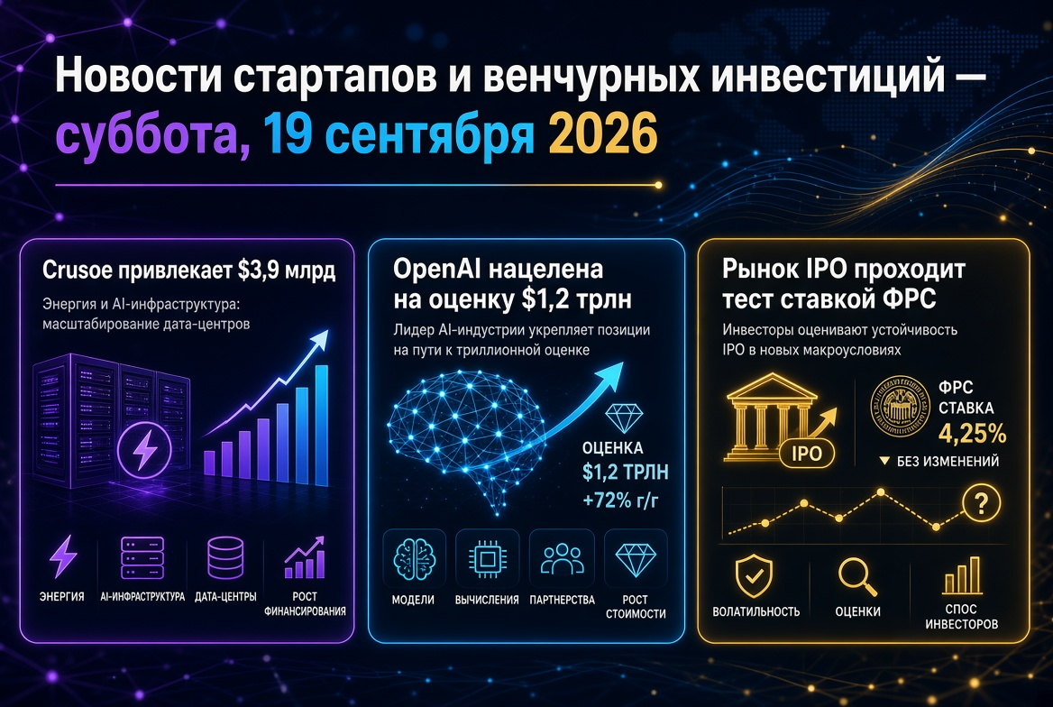 Tin tức khởi nghiệp và đầu tư mạo hiểm — thứ Bảy, ngày 19 tháng 9 năm 2026: Crusoe huy động 3,9 tỷ USD, OpenAI nhắm tới giá trị 1,2 ngàn tỷ USD, thị trường IPO trải qua thử thách từ lãi suất Fed