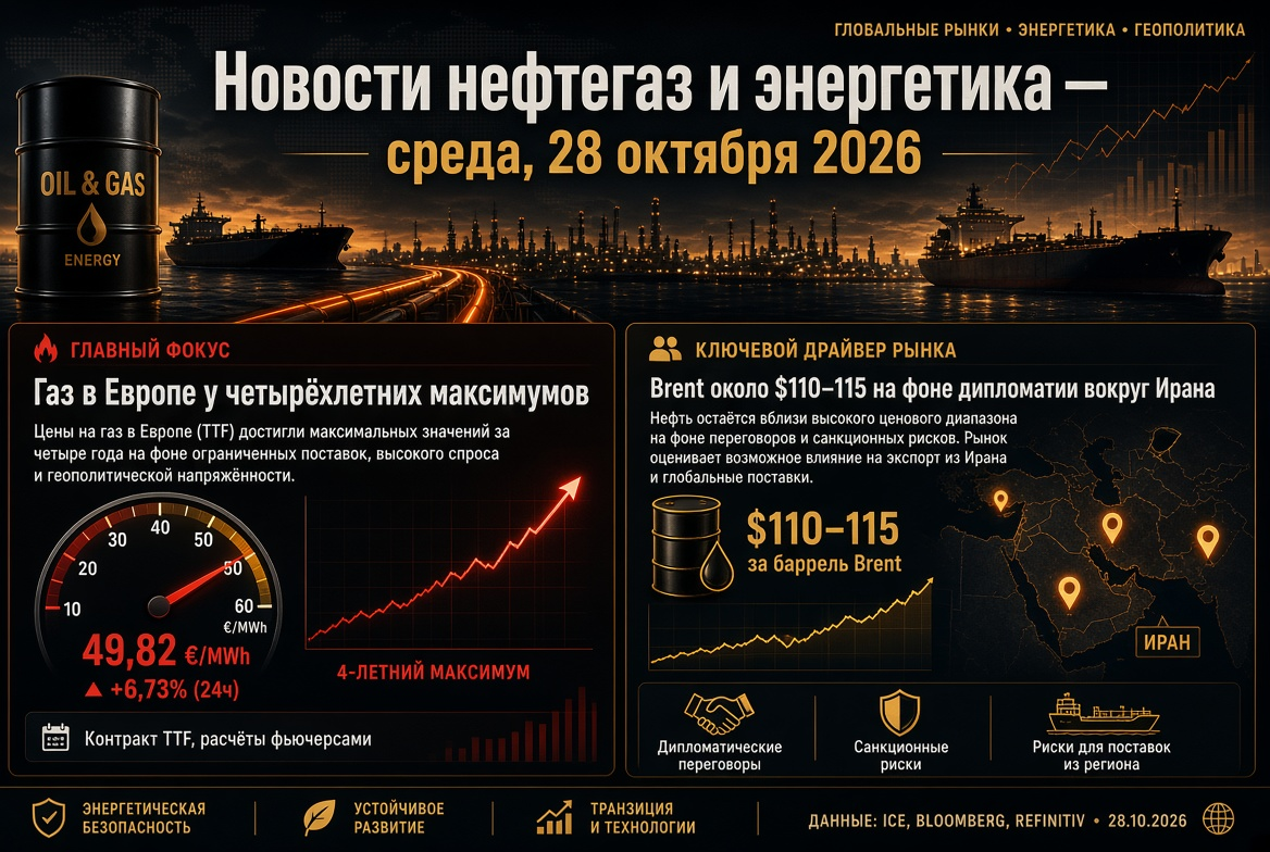 Tin tức dầu khí và năng lượng - Thứ Tư, 28 tháng 10 năm 2026: Gas ở châu Âu đạt mức cao nhất trong bốn năm, Brent xung quanh $110–115 trong bối cảnh ngoại giao về Iran.