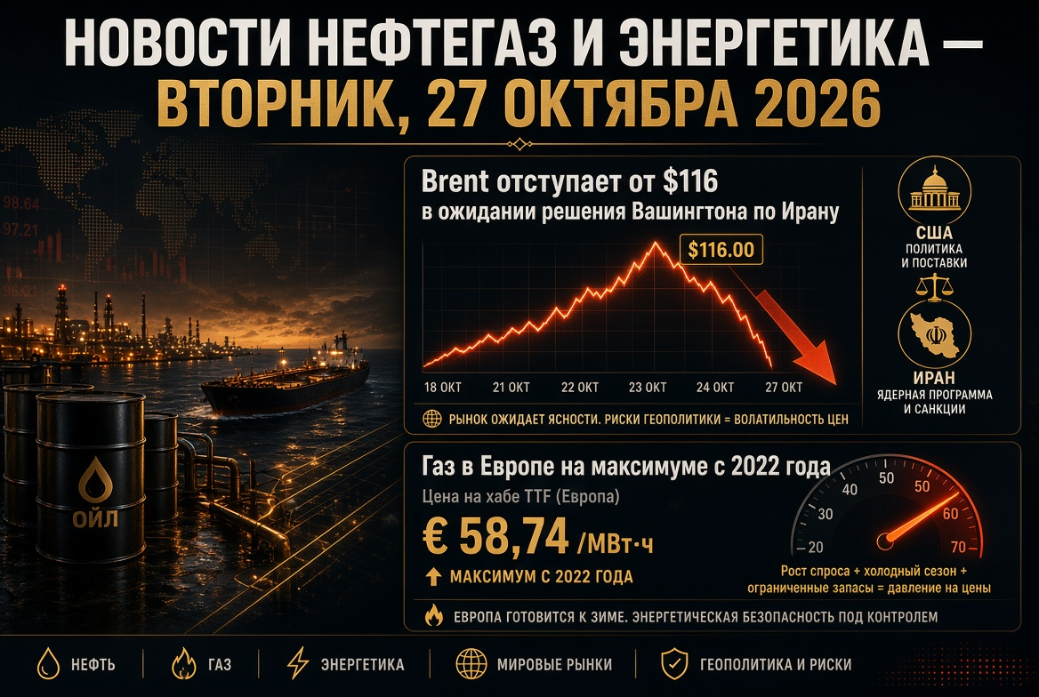 Tin tức dầu khí và năng lượng - thứ Ba, 27 tháng 10 năm 2026: Brent giảm xuống dưới 116 USD chờ quyết định của Washington về Iran, khí gas châu Âu ở mức cao nhất kể từ năm 2022.