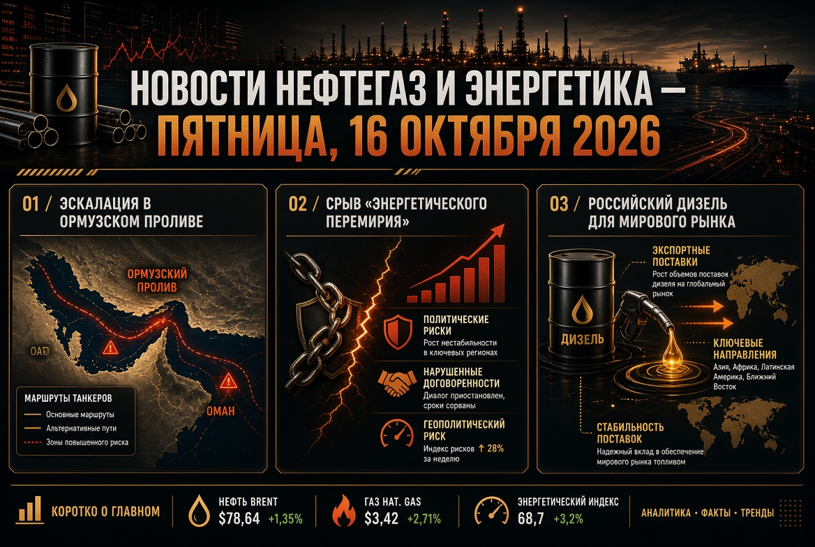 Tin tức dầu khí và năng lượng - thứ Sáu, 16 tháng 10 năm 2026: sự leo thang tại Eo biển Hormuz, sự cố "thỏa thuận năng lượng" và diesel Nga cho thị trường toàn cầu