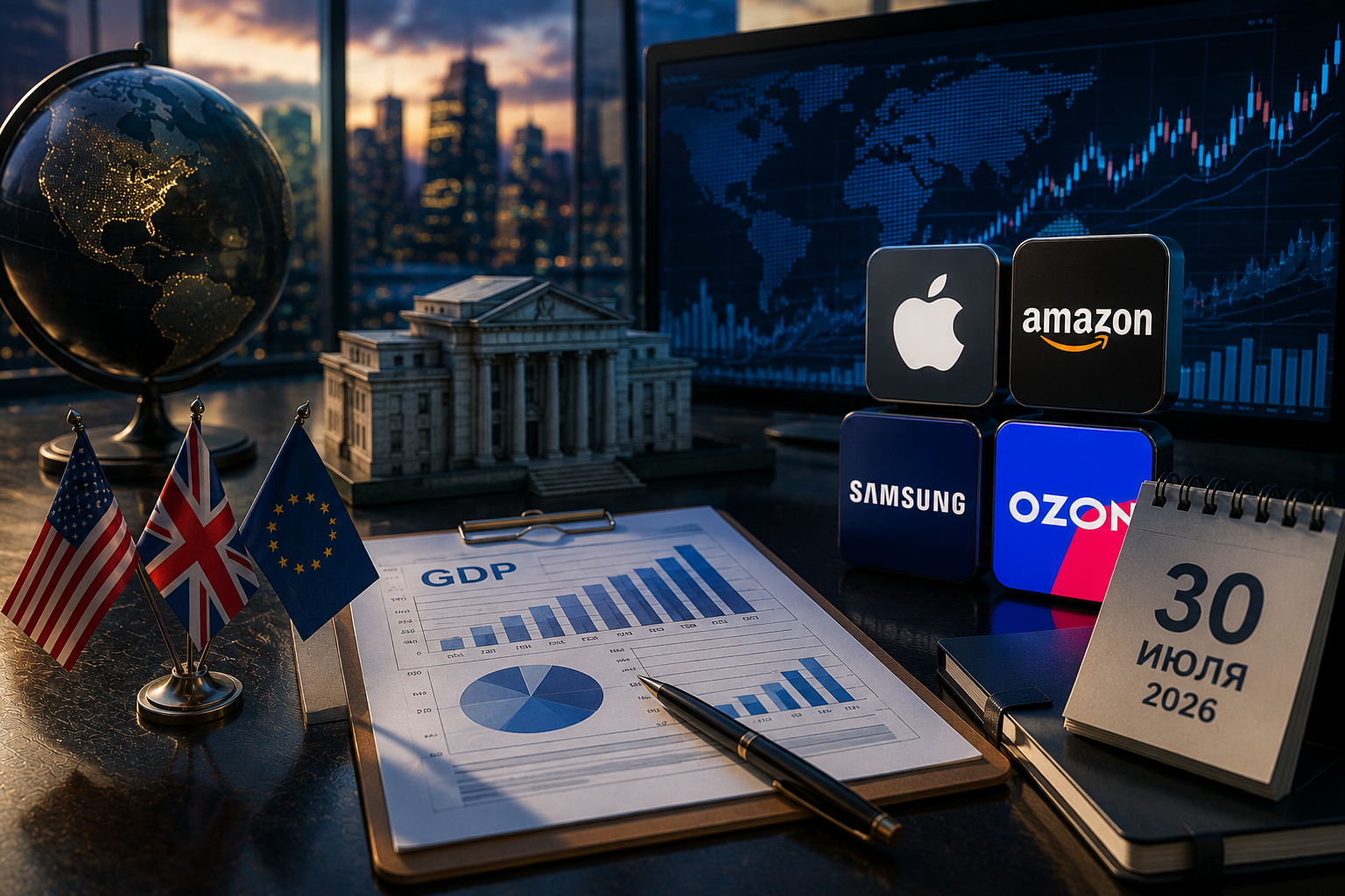 Những sự kiện kinh tế và báo cáo doanh nghiệp: Thứ năm, 30 tháng 7 năm 2026 - GDP của Hoa Kỳ, quyết định của Ngân hàng Anh, báo cáo của Apple, Amazon, Samsung và Ozon.
