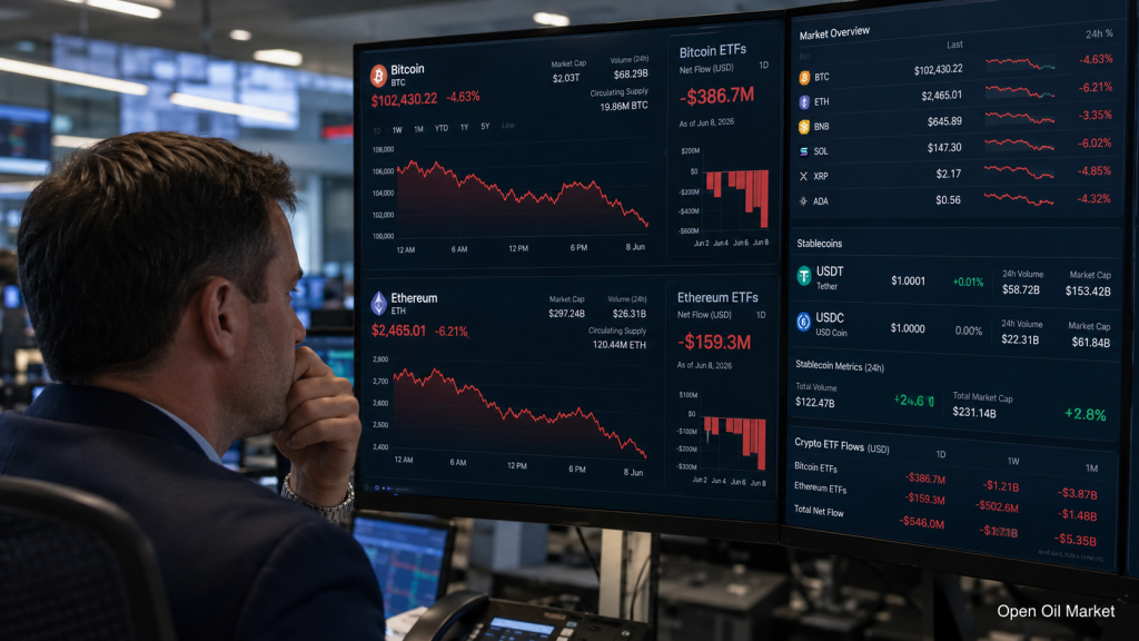 Thị trường tiền điện tử ngày 8 tháng 6 năm 2026: Bitcoin chịu áp lực, Ethereum giảm, stablecoin củng cố vị thế