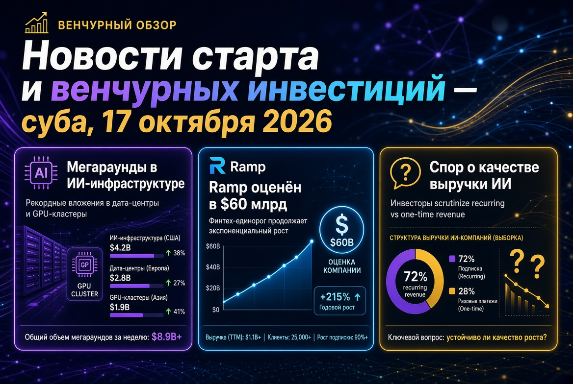 Tin tức về các startup và đầu tư mạo hiểm — thứ bảy, 17 tháng 10 năm 2026: các vòng gọi vốn lớn trong hạ tầng AI, Ramp được định giá 60 tỷ USD và tranh luận về chất lượng doanh thu AI