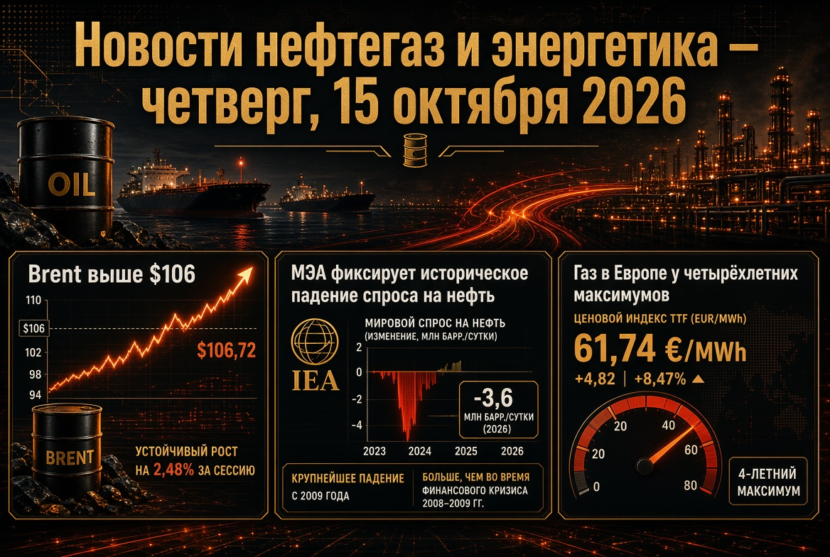 Tin tức dầu khí và năng lượng — thứ Năm, 15 tháng 10 năm 2026: Brent trên $106, IEA ghi nhận sự sụt giảm lịch sử trong nhu cầu dầu, khí đốt ở châu Âu đạt đỉnh bốn năm.
