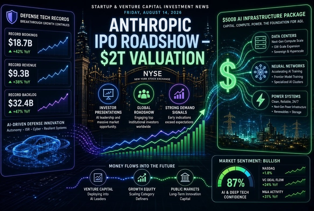 Tin tức khởi nghiệp và đầu tư mạo hiểm - thứ Sáu, 14 tháng 8 năm 2026: roadshow đợt phát hành cổ phiếu của Anthropic trị giá 2 nghìn tỷ USD, gói 500 tỷ USD cho hạ tầng AI và kỷ lục công nghệ quốc phòng