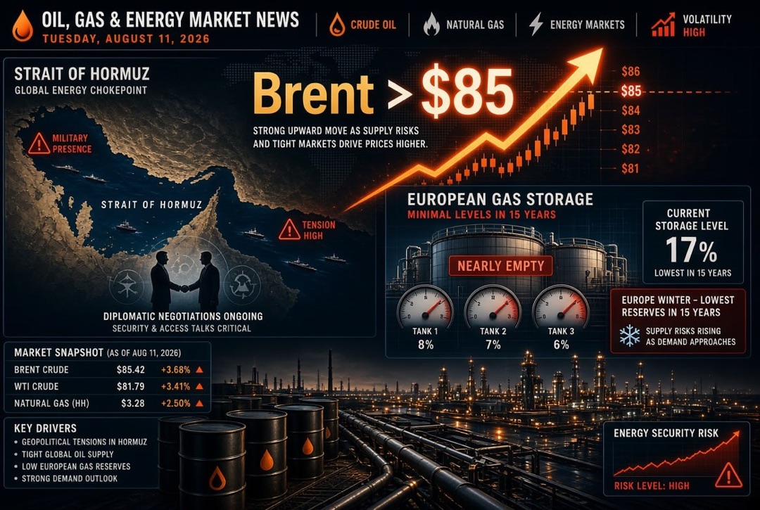 Tin tức dầu khí và năng lượng - thứ Ba, ngày 11 tháng 8 năm 2026: Brent vượt qua 85 USD trong bối cảnh thương lượng về Eo biển Hormuz, châu Âu bước vào mùa đông với lượng khí tối thiểu trong 15 năm