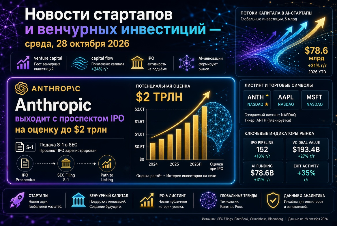 Новости стартапов и венчурных инвестиций — среда, 28 октября 2026: Anthropic выходит с проспектом IPO на оценку до $2 трлн