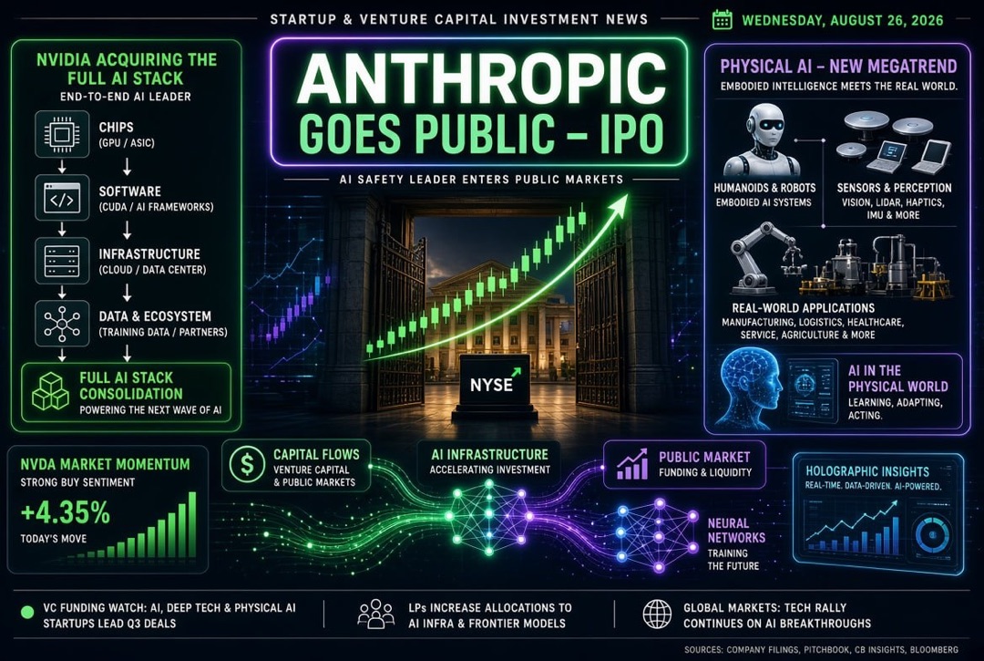 Tin tức về khởi nghiệp và đầu tư mạo hiểm - thứ Tư, ngày 26 tháng 8 năm 2026: Anthropic ra mắt IPO, Nvidia mua toàn bộ AI stack, và AI vật lý trở thành megatrend mới