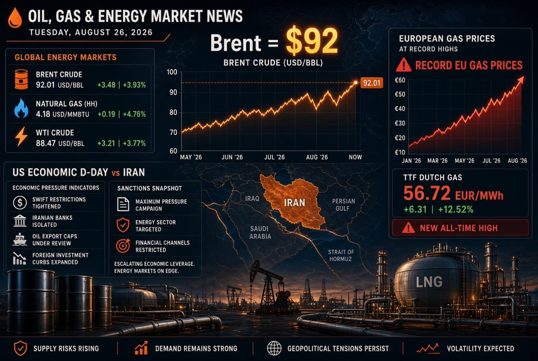 Tin tức dầu khí và năng lượng — thứ Ba, 26 tháng 8 năm 2026: "Ngày D-Kinh tế" của Hoa Kỳ chống lại Iran, Brent ở $92 và giá khí đốt kỷ lục ở châu Âu.