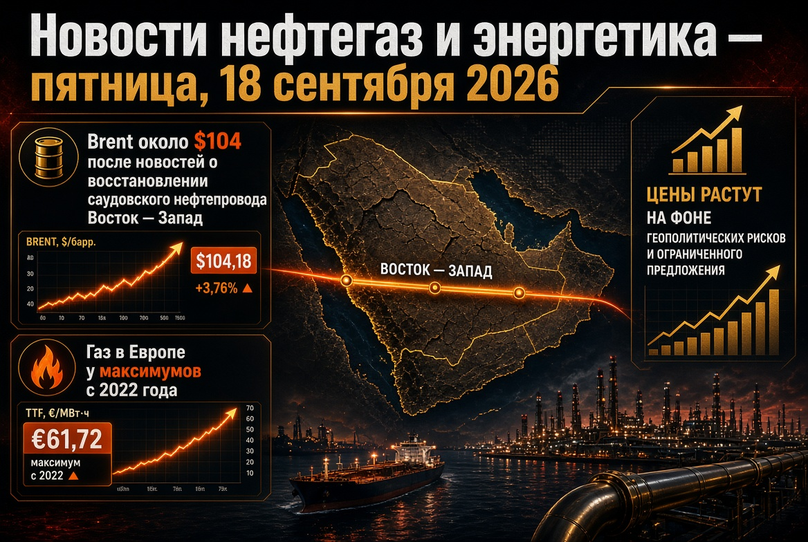 Tin tức dầu khí và năng lượng - Thứ Sáu, 18 tháng 9 năm 2026: Brent khoảng 104 USD sau tin tức về phục hồi đường ống dầu Ả Rập Xê Út phía Đông - Tây, khí đốt ở châu Âu ở mức cao nhất kể từ năm 2022.