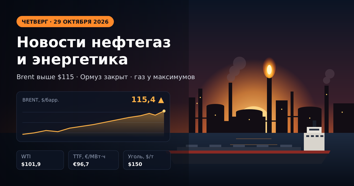 Tin tức dầu khí và năng lượng — thứ Năm, ngày 29 tháng 10 năm 2026: Brent vượt 115 USD sau vụ tấn công của Houthi vào Ras Tanura, khí đốt tại châu Âu ở mức cao nhất kể từ năm 2022