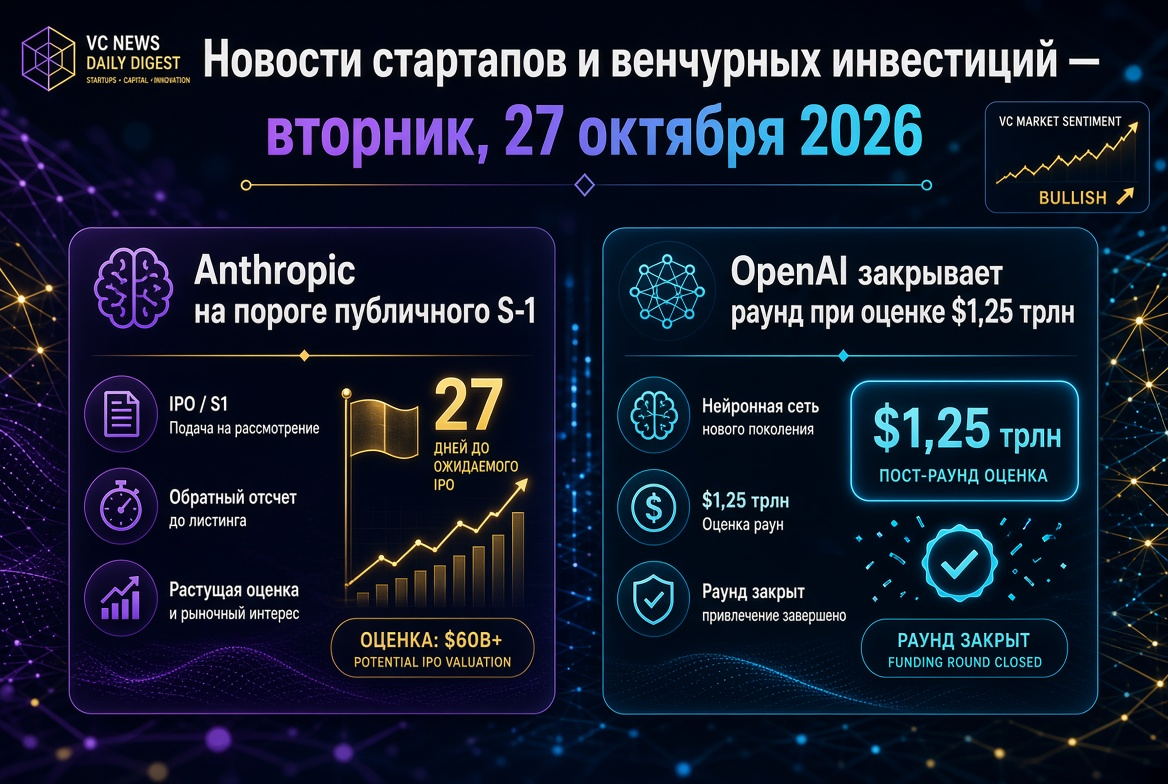 Tin tức khởi nghiệp và đầu tư mạo hiểm - thứ Ba, 27 tháng 10 năm 2026: Anthropic trên bờ vực công khai S-1, OpenAI kết thúc vòng gọi vốn với giá trị 1,25 nghìn tỷ USD.