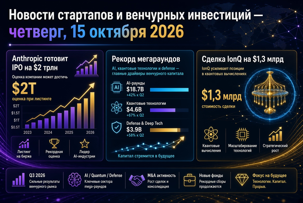 Tin tức khởi nghiệp và đầu tư mạo hiểm — thứ Năm, ngày 15 tháng 10 năm 2026: Anthropic chuẩn bị IPO trị giá 2 nghìn tỷ USD, kỷ lục vòng gọi vốn và giao dịch IonQ trị giá 1,3 tỷ USD.