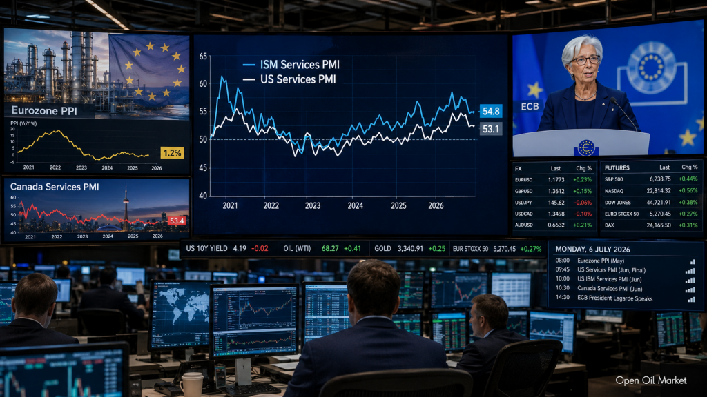 Lịch kinh tế ngày 6 tháng 7 năm 2026: ISM Services PMI của Mỹ, PPI khu vực euro, PMI Canada, bài phát biểu của Chủ tịch ECB Christine Lagarde và phản ứng của các nhà đầu tư