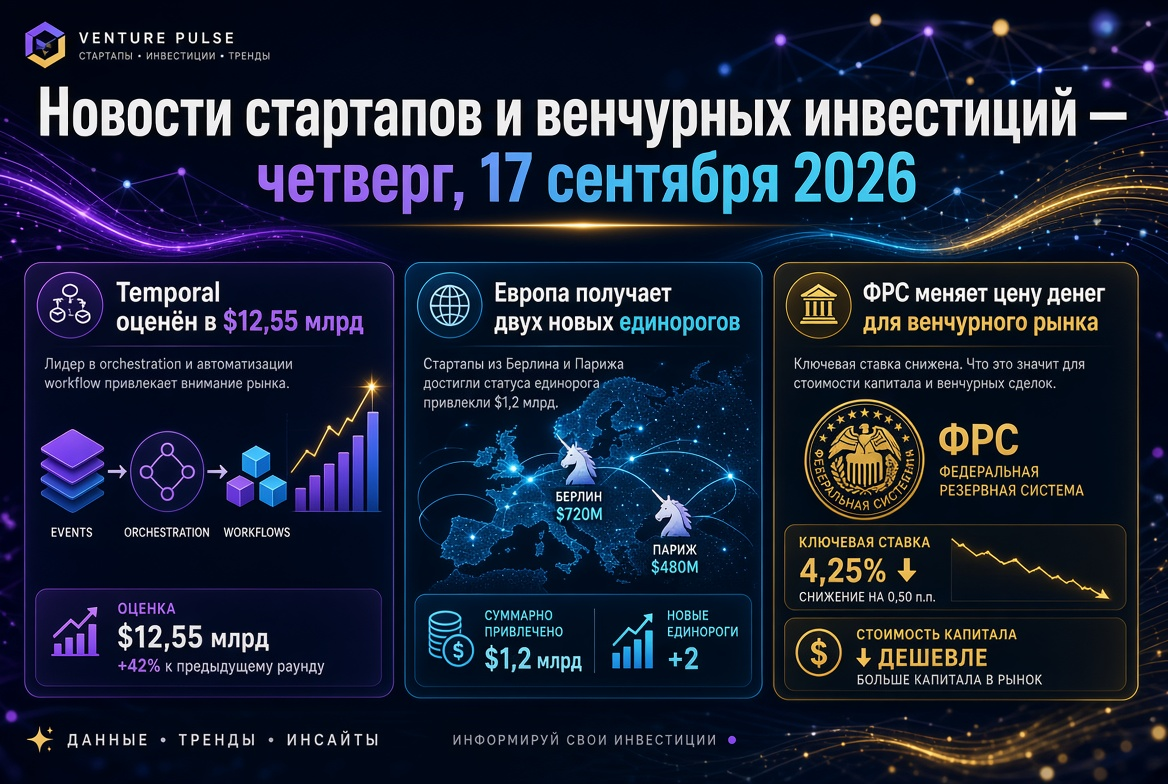 Tin tức khởi nghiệp và đầu tư mạo hiểm — thứ Năm, 17 tháng 9 năm 2026: Temporal được định giá 12,55 tỷ USD, châu Âu có hai kỳ lân mới, và Cục Dự trữ Liên bang thay đổi giá tiền cho thị trường đầu tư mạo hiểm.