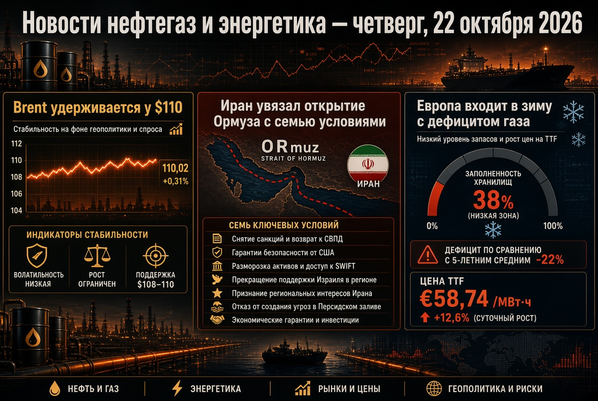 Tin tức dầu khí và năng lượng - Thứ năm, 22 tháng 10 năm 2026: Giá Brent giữ ở mức 110 USD, Iran buộc phải thỏa thuận mở cửa Hormuz với bảy điều kiện, Châu Âu bước vào mùa đông với sự thiếu hụt khí đốt.