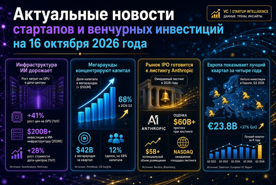 Tin tức khởi nghiệp và đầu tư ngày 16 tháng 10 năm 2026: cơ sở hạ tầng AI gia tăng, các vòng gọi vốn lớn tập trung vốn, thị trường IPO chuẩn bị cho niêm yết Anthropic, và Châu Âu thể hiện quý tốt nhất trong bốn năm.