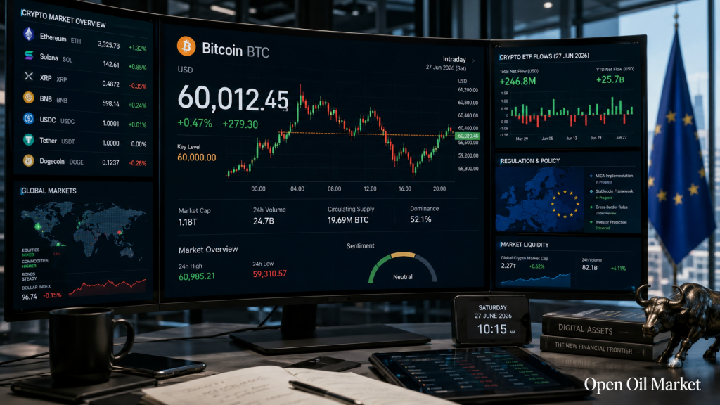 Thị trường tiền điện tử toàn cầu vào ngày 27 tháng 6 năm 2026: Bitcoin, Ethereum, dòng ETF, stablecoin và quy định MiCA