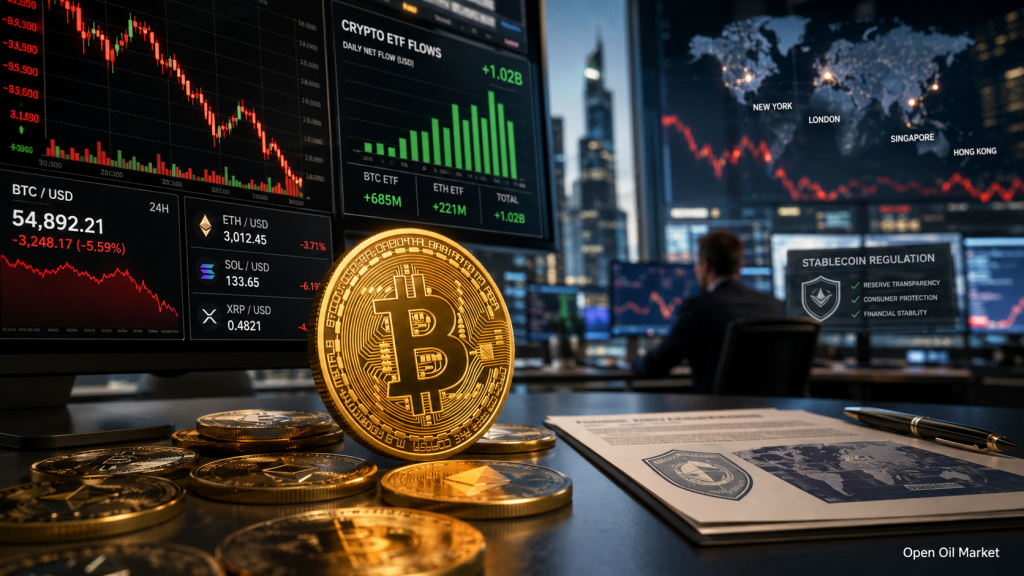 Thị trường tiền điện tử ngày 9 tháng 7 năm 2026: Bitcoin dưới áp lực, dòng tiền vào ETF, Ethereum, Solana, XRP và quy định về stablecoin