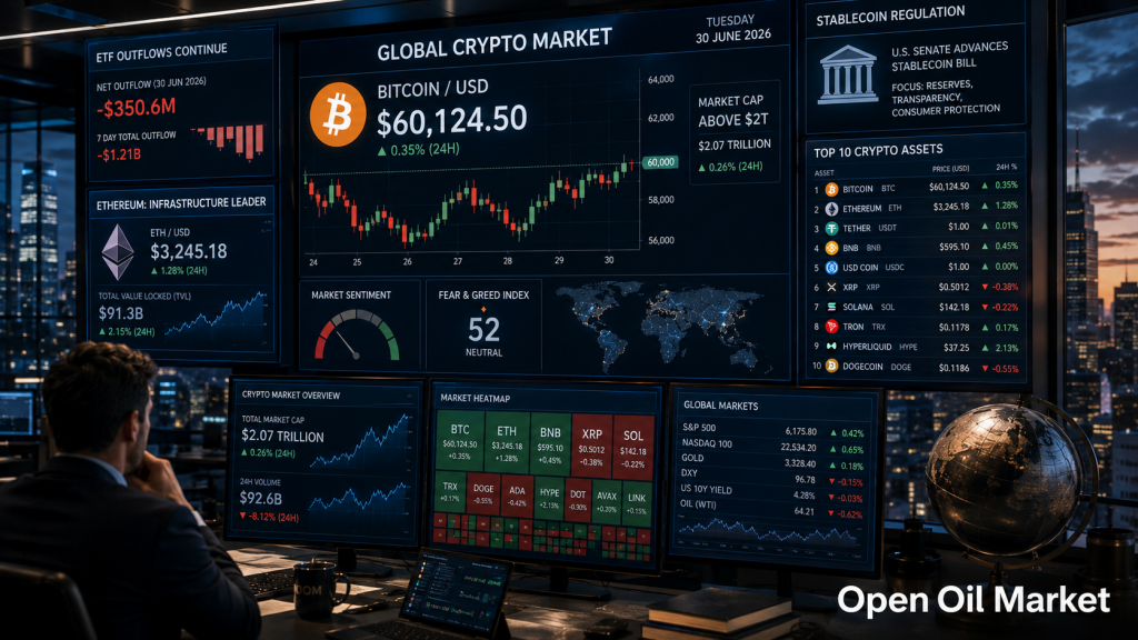 Thị trường tiền điện tử ngày 30 tháng 6 năm 2026: Ethereum, Solana, XRP, BNB, USDT, USDC và rút tiền ETF