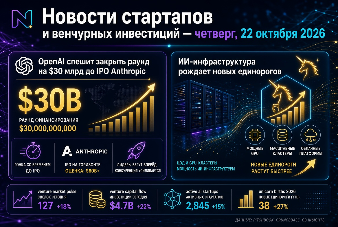 Tin tức các startup và đầu tư mạo hiểm — thứ Năm, ngày 22 tháng 10 năm 2026: OpenAI gấp rút hoàn tất vòng 30 tỷ USD trước IPO Anthropic, trong khi cơ sở hạ tầng AI tạo ra những kỳ lân mới.